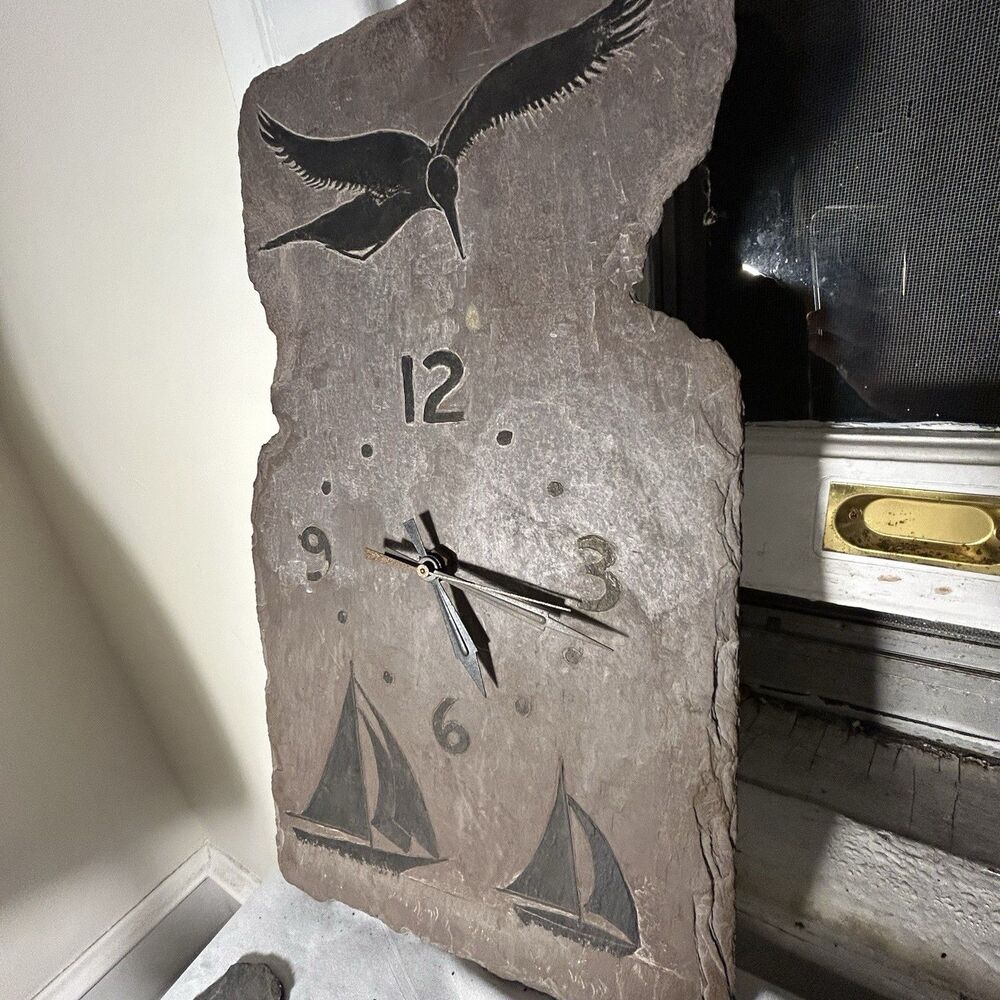 1969 Handmade Slate BIRD Seagull Clock battery Operated w/ Birds Art Etched 60s